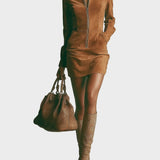 Brown suede mini dress with high collar and zip fastening