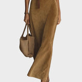 Maxi suede dress with single button and collar