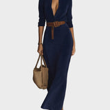 Maxi suede dress with single button and collar