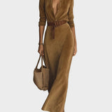 Maxi suede dress with single button and collar