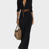 Maxi suede dress with single button and collar