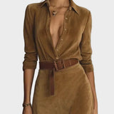 Maxi suede dress with single button and collar