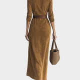 Maxi suede dress with single button and collar