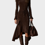 Elegant dark brown suede midi dress with tie