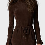 Elegant dark brown suede midi dress with tie