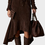 Elegant dark brown suede midi dress with tie
