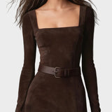 Elegant dark brown faux leather maxi dress with square neckline