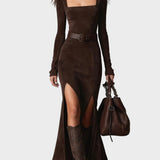 Elegant dark brown faux leather maxi dress with square neckline
