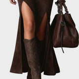 Elegant dark brown faux leather maxi dress with square neckline