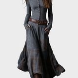 Helena - Navy blue suede-effect maxi dress with belt