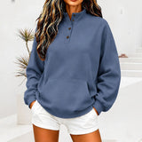 Casual button-up women's sweatshirt with a stand collar - Loose and comfortable