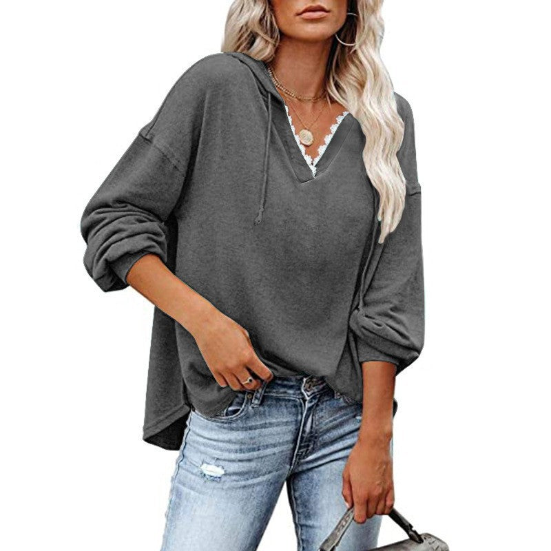 Women's V-neck lace hoodie sweatshirt with long sleeves