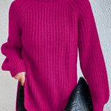 Turtleneck sweater for women with raglan sleeves and split hem