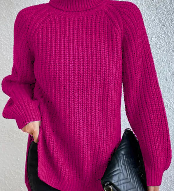 Turtleneck sweater for women with raglan sleeves and split hem