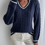 Women's Striped Cable-Knit V-Neck Sweater – Soft and Comfortable
