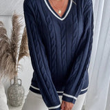 Women's Striped Cable-Knit V-Neck Sweater – Soft and Comfortable