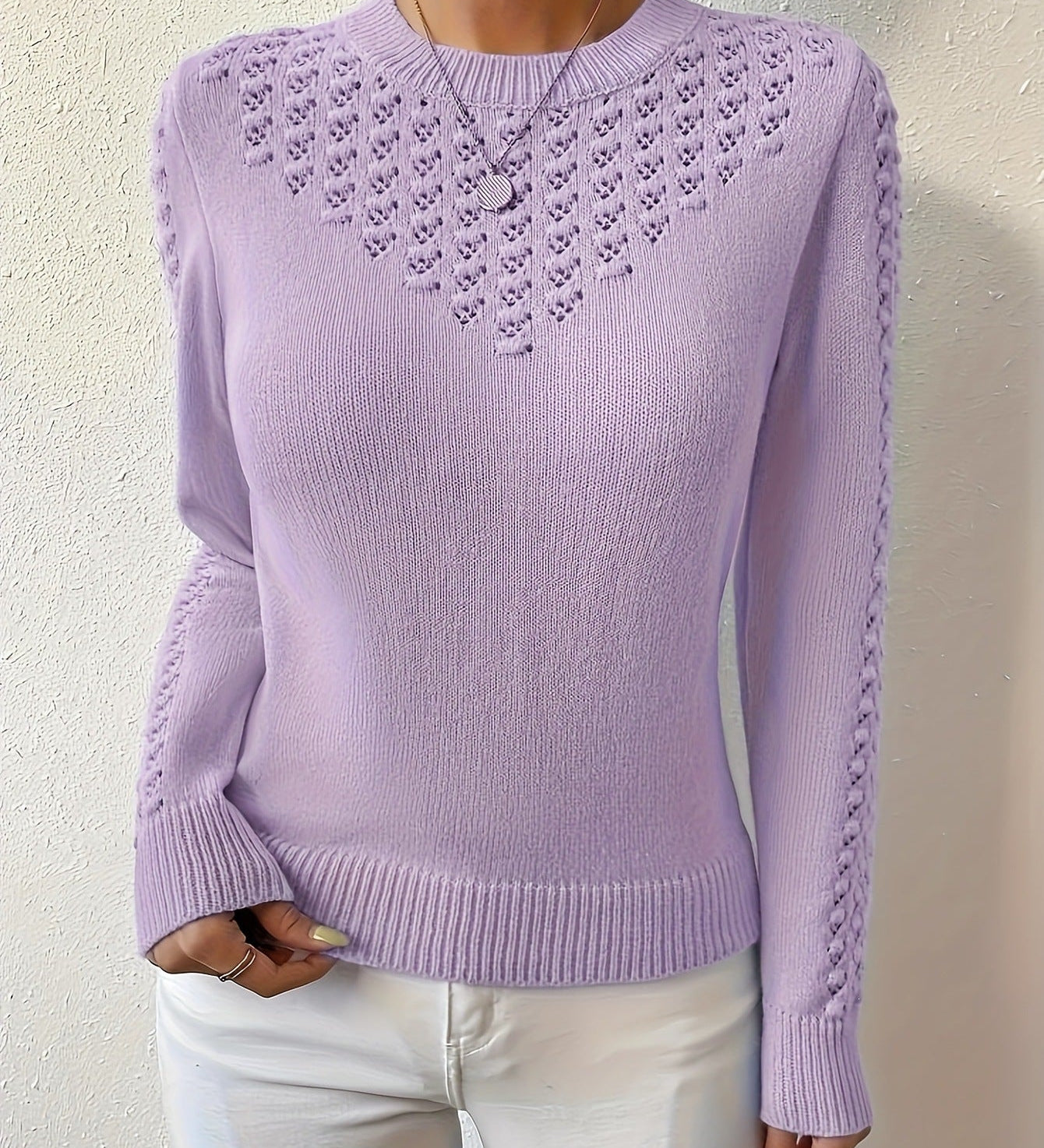 Women's openwork crew-neck sweater - Soft and elegant