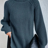 Turtleneck sweater for women with raglan sleeves and split hem