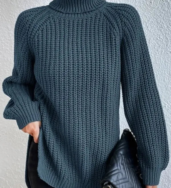 Turtleneck sweater for women with raglan sleeves and split hem