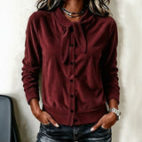 Women's button-front sweater with velvet bow - Soft and refined