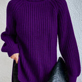 Turtleneck sweater for women with raglan sleeves and split hem