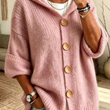 Women's Solid Hooded Cardigan – Casual Everyday Design in Long-Sleeved Knit with Buttons