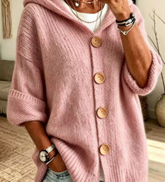 Women's Solid Hooded Cardigan – Casual Everyday Design in Long-Sleeved Knit with Buttons