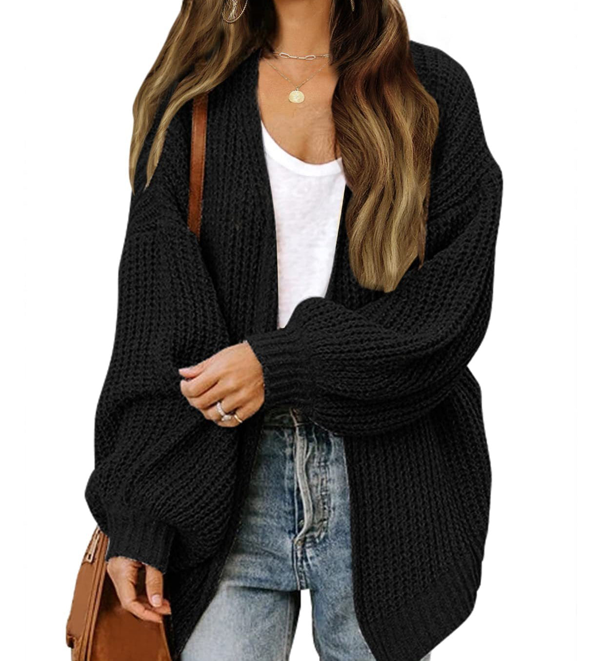 Women's chunky knit coatigan – Comfortable oversized style with lantern sleeves