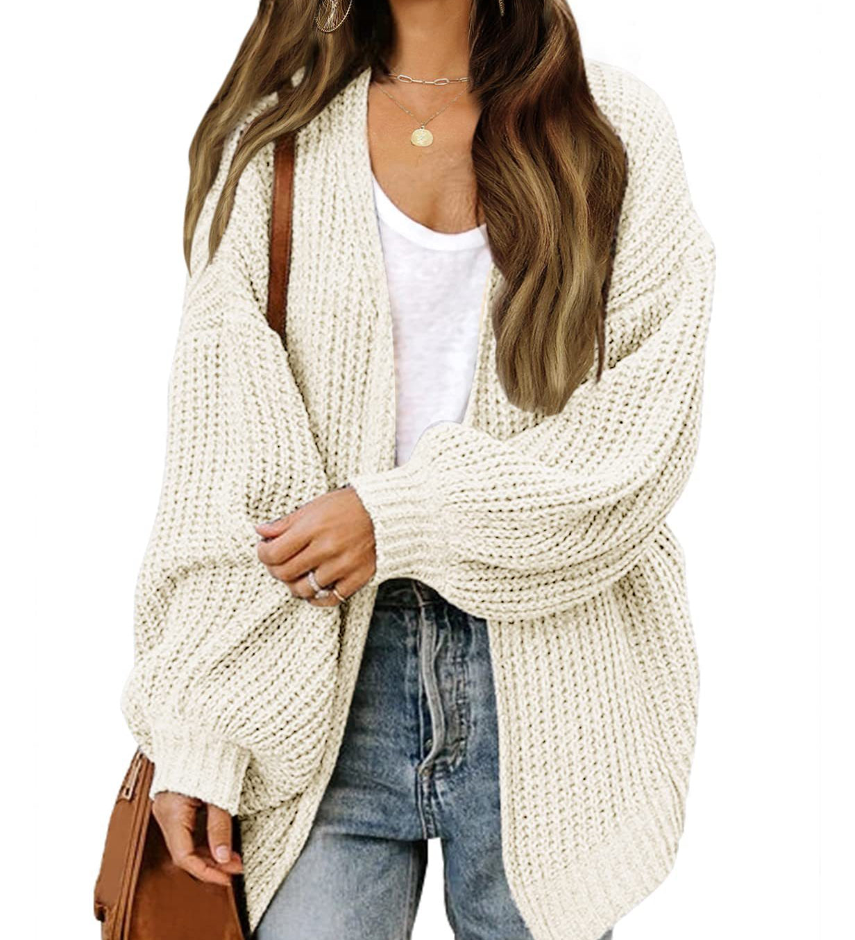 Women's chunky knit coatigan – Comfortable oversized style with lantern sleeves