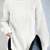 Turtleneck sweater for women with raglan sleeves and split hem