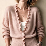 Women's V-neck cardigan with ruffled hem - Soft and feminine