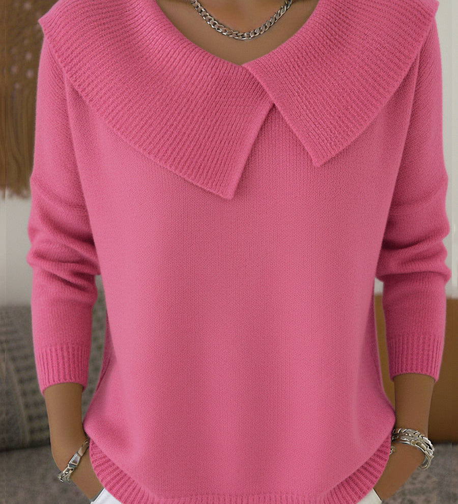 Ribbed Collar Knitted Sweater for Women – Elegant Long Sleeve Sweater