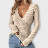 Women's V-Neck Twist Pullover – Ribbed Knit with Long Surplice Sleeves