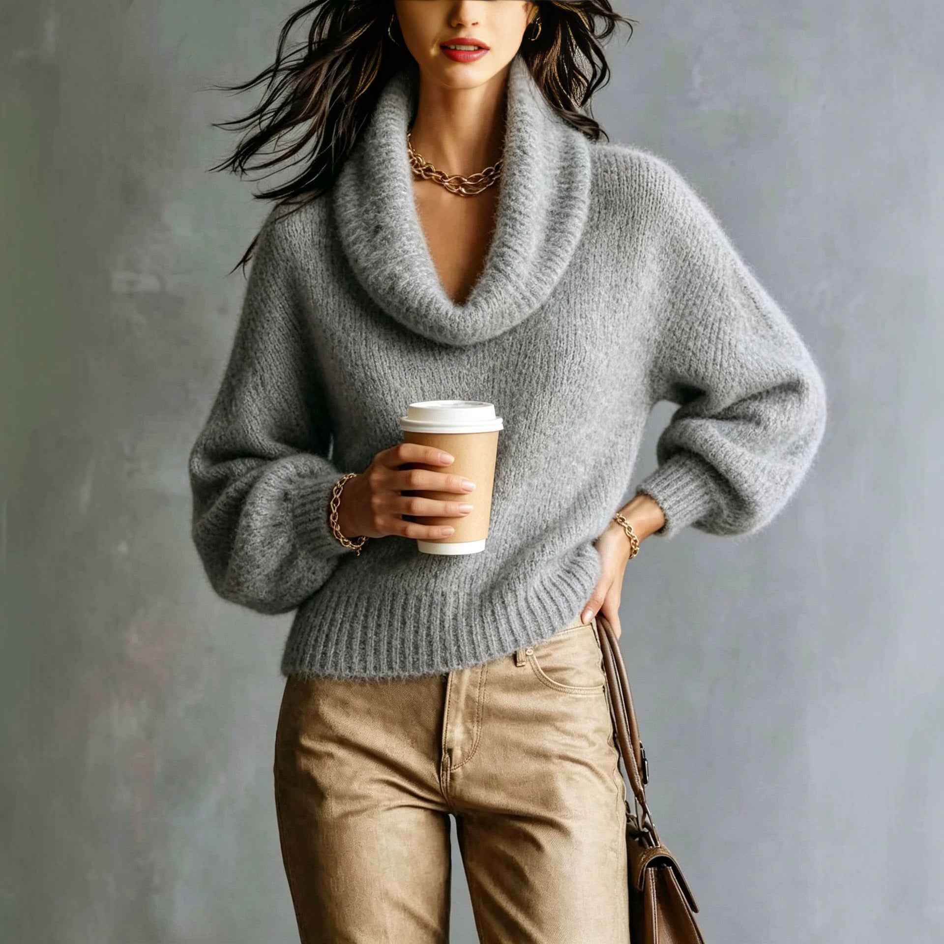 Women's turtleneck sweater with puff sleeves - Soft and trendy