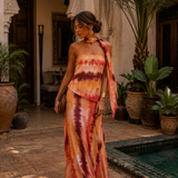 Long printed dress with strapless neckline