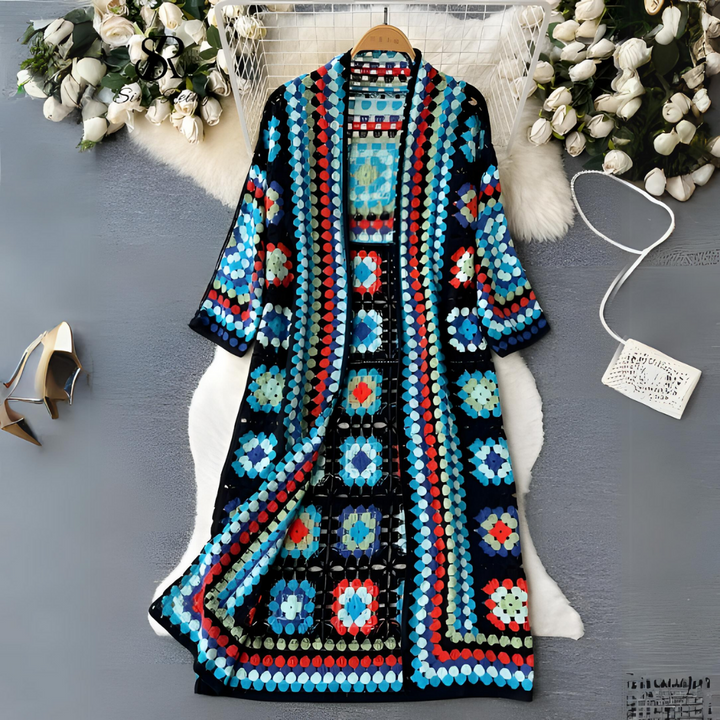 Elegant long colourful vest for women – Open knit
