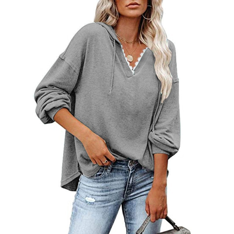 Women's V-neck lace hoodie sweatshirt with long sleeves