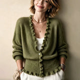 Women's V-neck cardigan with ruffled hem - Soft and feminine