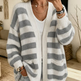 Women's striped cardigan with pockets - Comfortable and practical