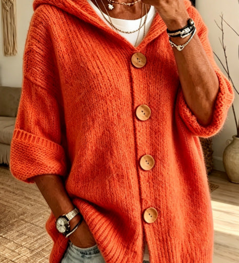 Women's Solid Hooded Cardigan – Casual Everyday Design in Long-Sleeved Knit with Buttons