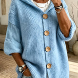 Women's Solid Hooded Cardigan – Casual Everyday Design in Long-Sleeved Knit with Buttons