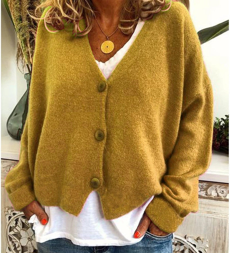 Women's Knitted Buttoned Cardigan with Soft Elegant V-Neck