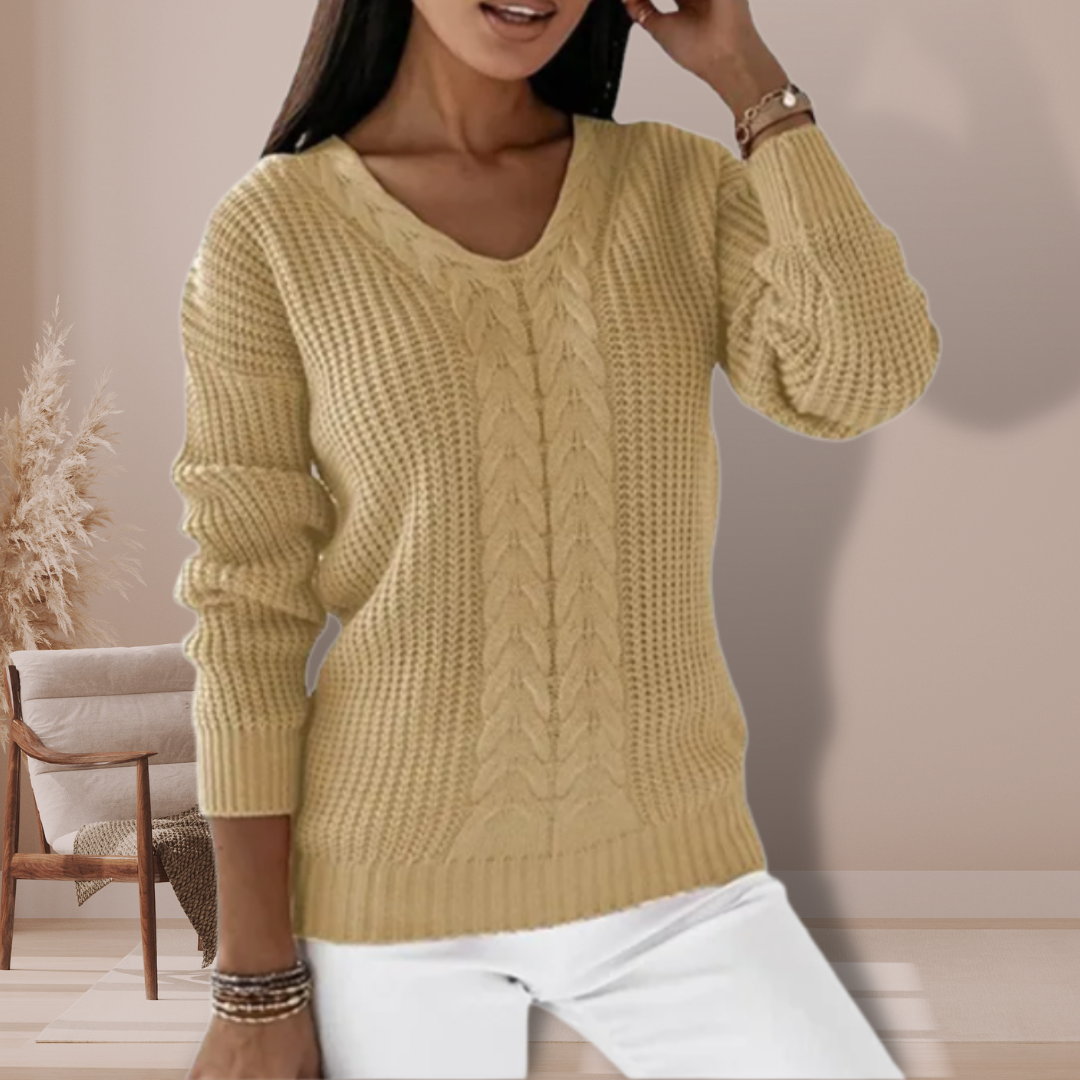 Women's V-Neck Sweater in Twisted Knit – Casual Winter Sweater