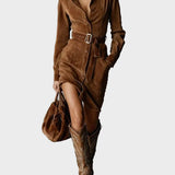 Midi suede dress with long sleeves and tie collar