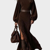 Long retro dress with long sleeves and a high collar