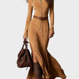 Adrianna - Brown Suede Effect Maxi Dress with Belt and Zip