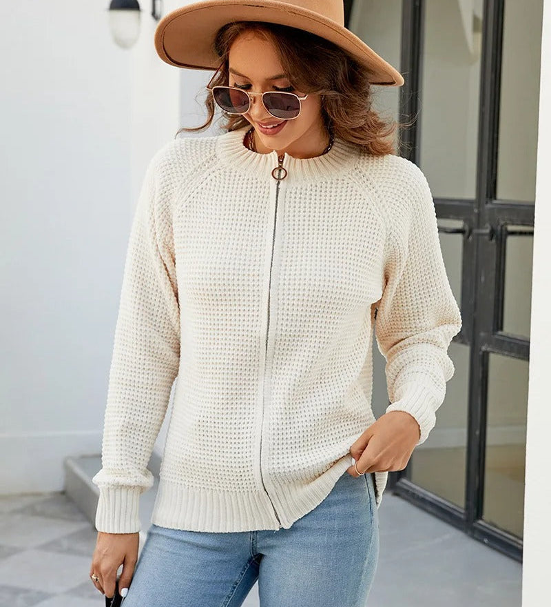 Women's solid-colour zip-up long-sleeve cardigan - Simple and comfortable