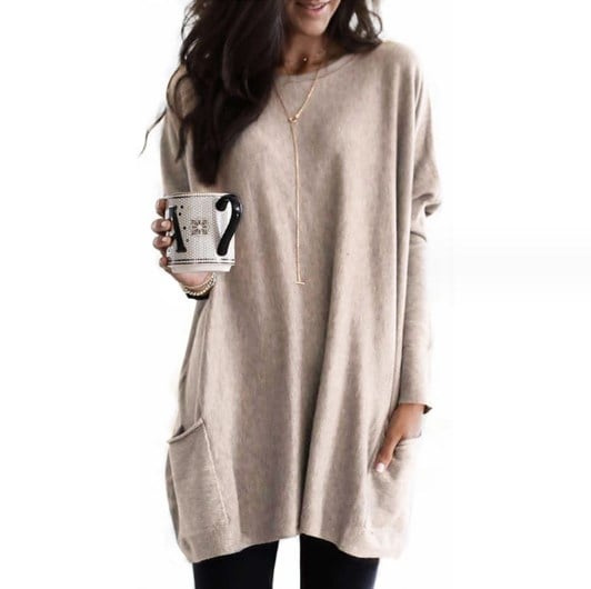 Women's Casual Cut Sweater Dress – Long Sleeves, Slightly Loose Round Neck