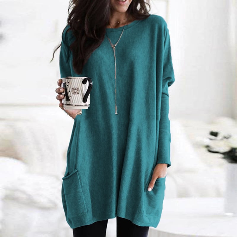Women's Casual Cut Sweater Dress – Long Sleeves, Slightly Loose Round Neck