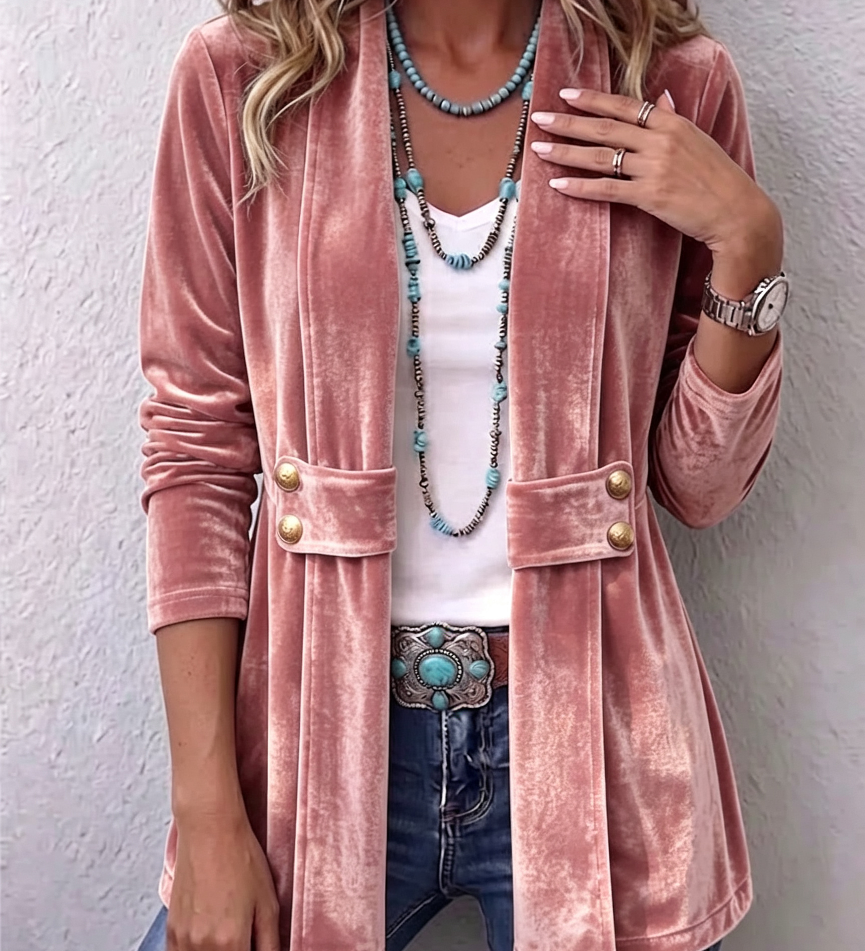 Avery | Vintage Lapel Button-Accent Long Sleeve Open Front Jacket